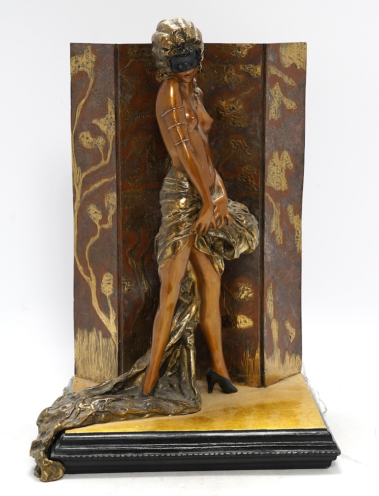 A Rosenbaum limited edition Art Deco style metal figure standing in front of a screen, 36.5cm tall. Condition - good